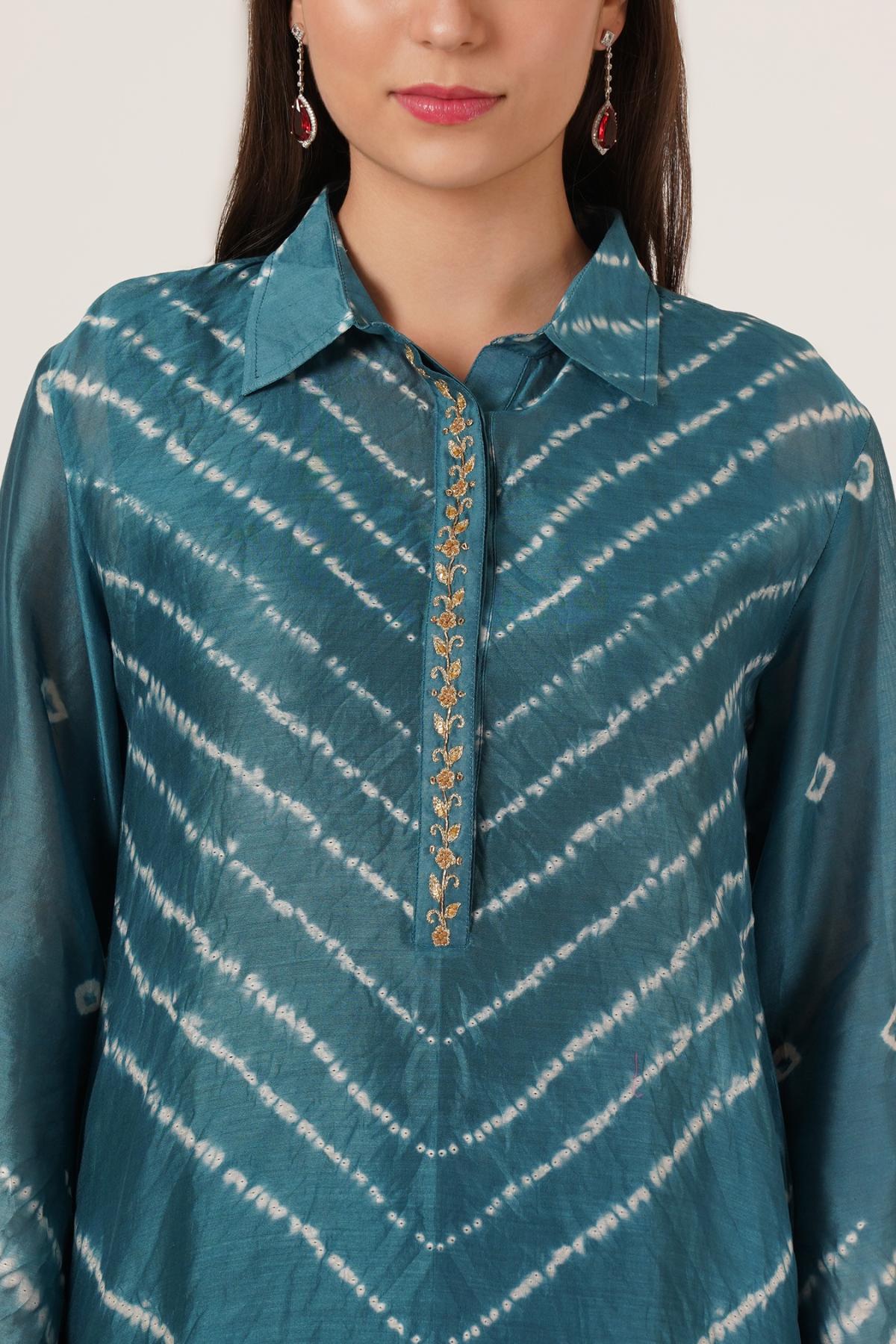 Teal Green Shibori Bandhani Kurta Set of 2