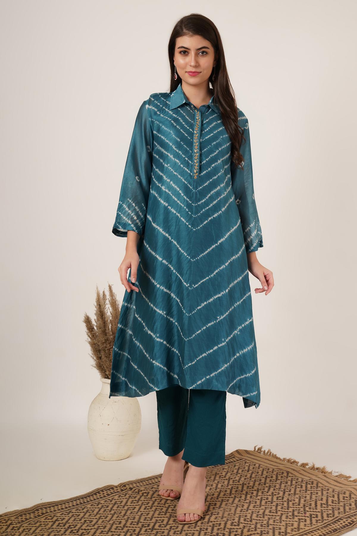 Teal Green Shibori Bandhani Kurta Set of 2