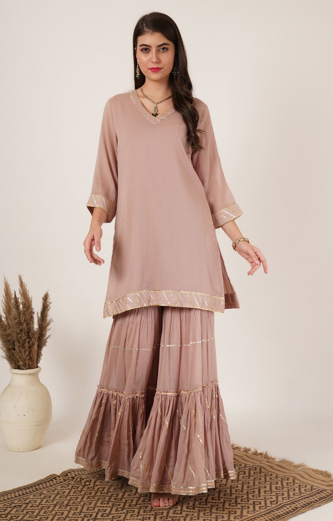 Rose Pink Mulmul Gota Sharara Set of 2