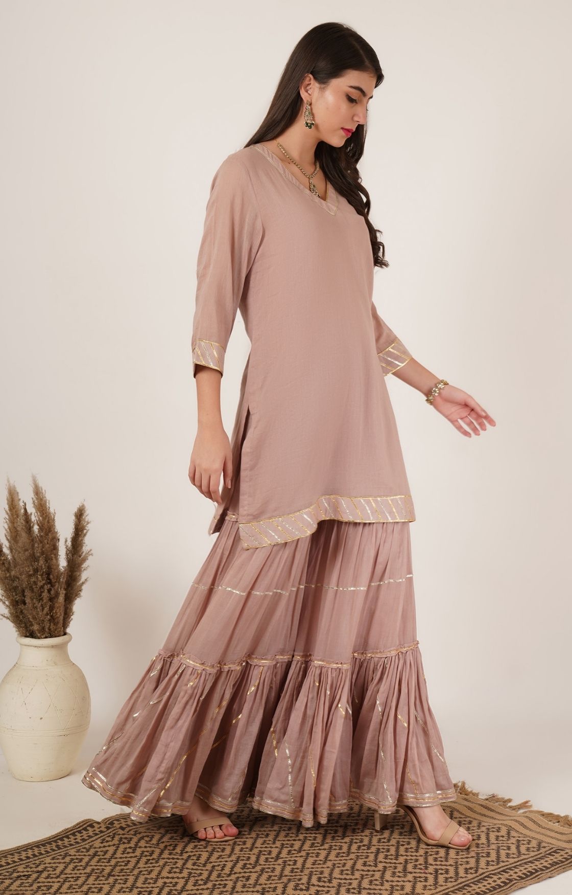 Rose Pink Mulmul Gota Sharara Set of 2
