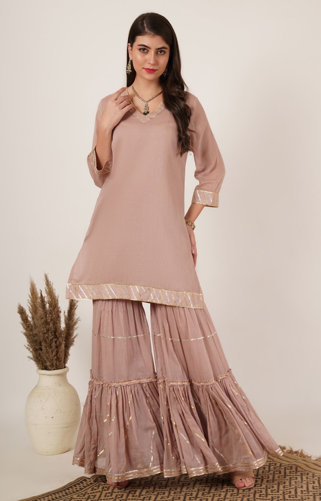 Rose Pink Mulmul Gota Sharara Set of 2