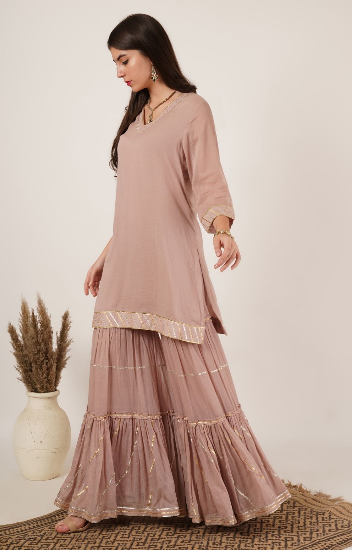 Rose Pink Mulmul Gota Sharara Set of 2