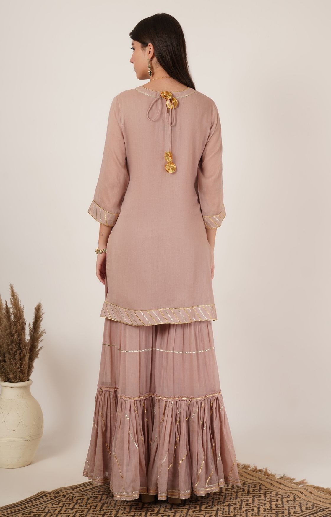Rose Pink Mulmul Gota Sharara Set of 2