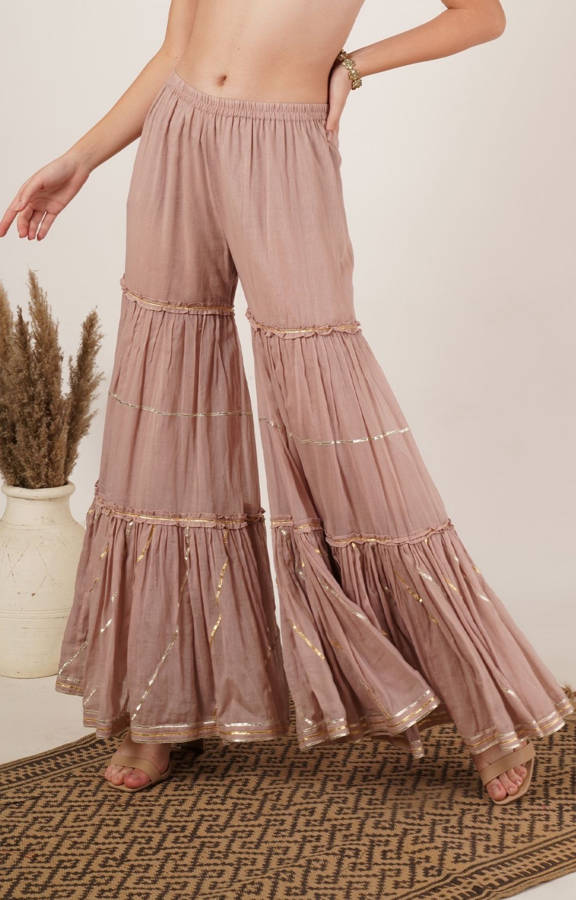 Rose Pink Mulmul Gota Sharara Set of 2
