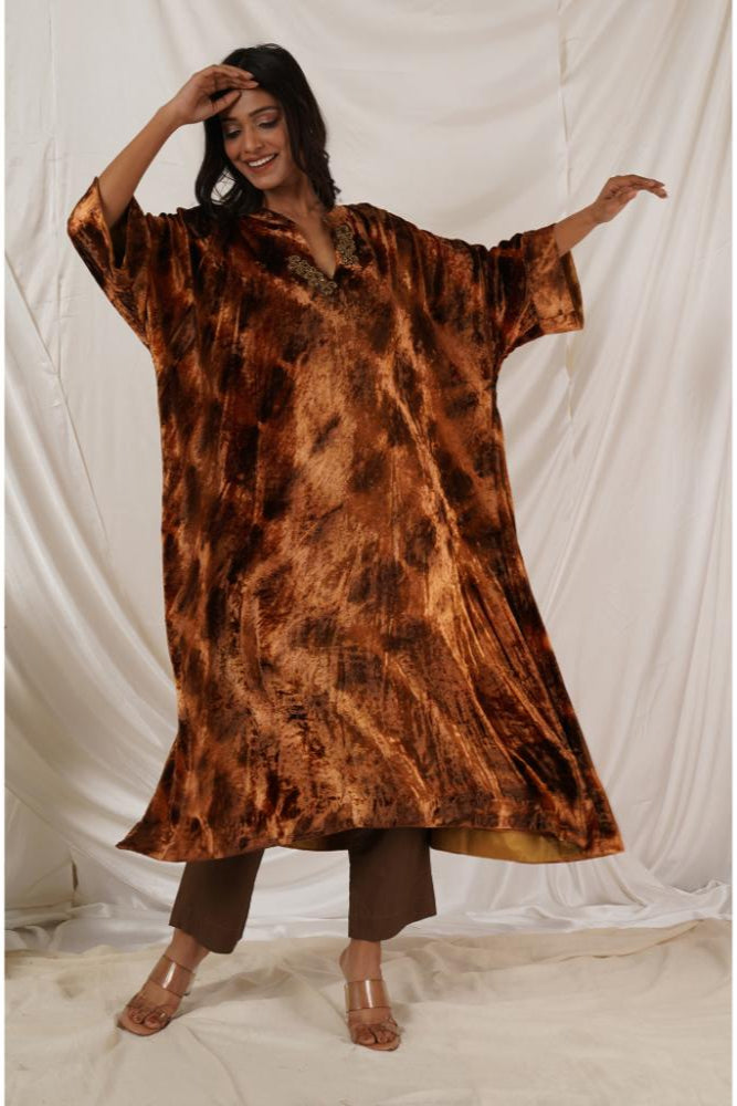 Beige Gold Tie Dye Velvet Kaftan