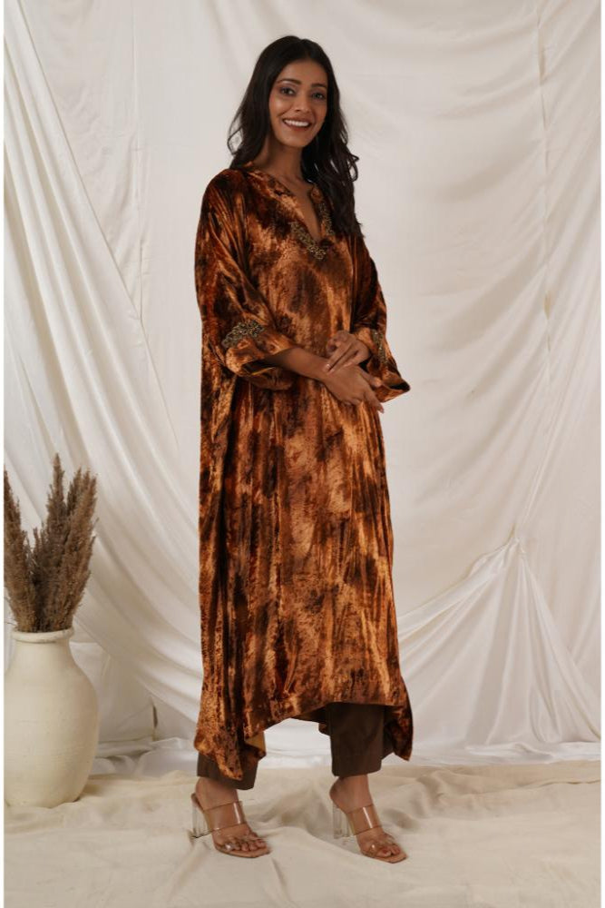 Beige Gold Tie Dye Velvet Kaftan