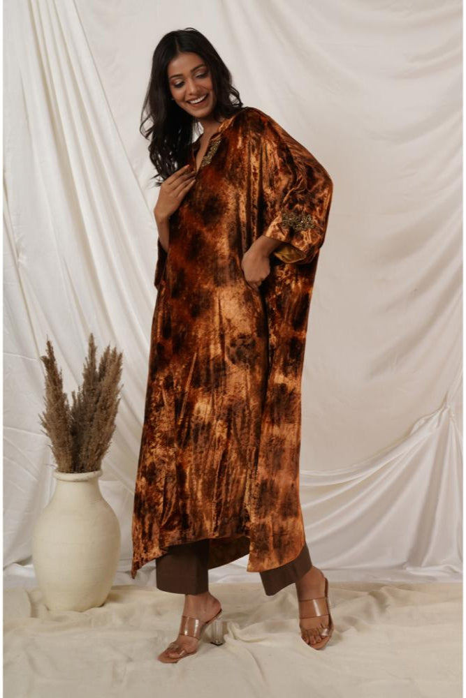 Beige Gold Tie Dye Velvet Kaftan
