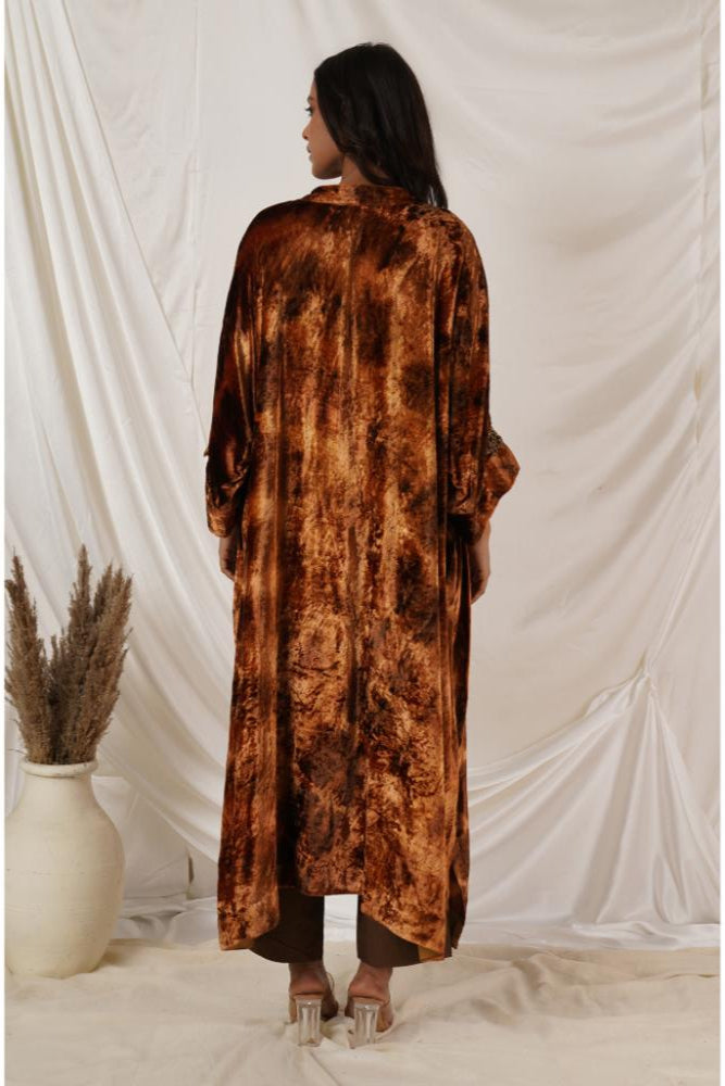 Beige Gold Tie Dye Velvet Kaftan