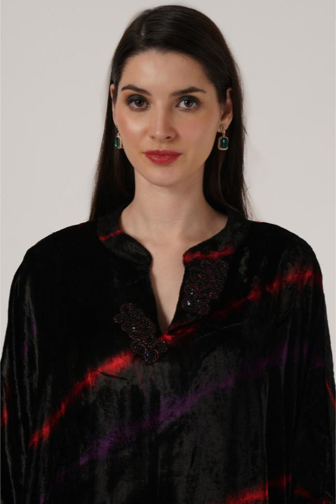 Black Red Purple Tie Dye Velvet Kaftan