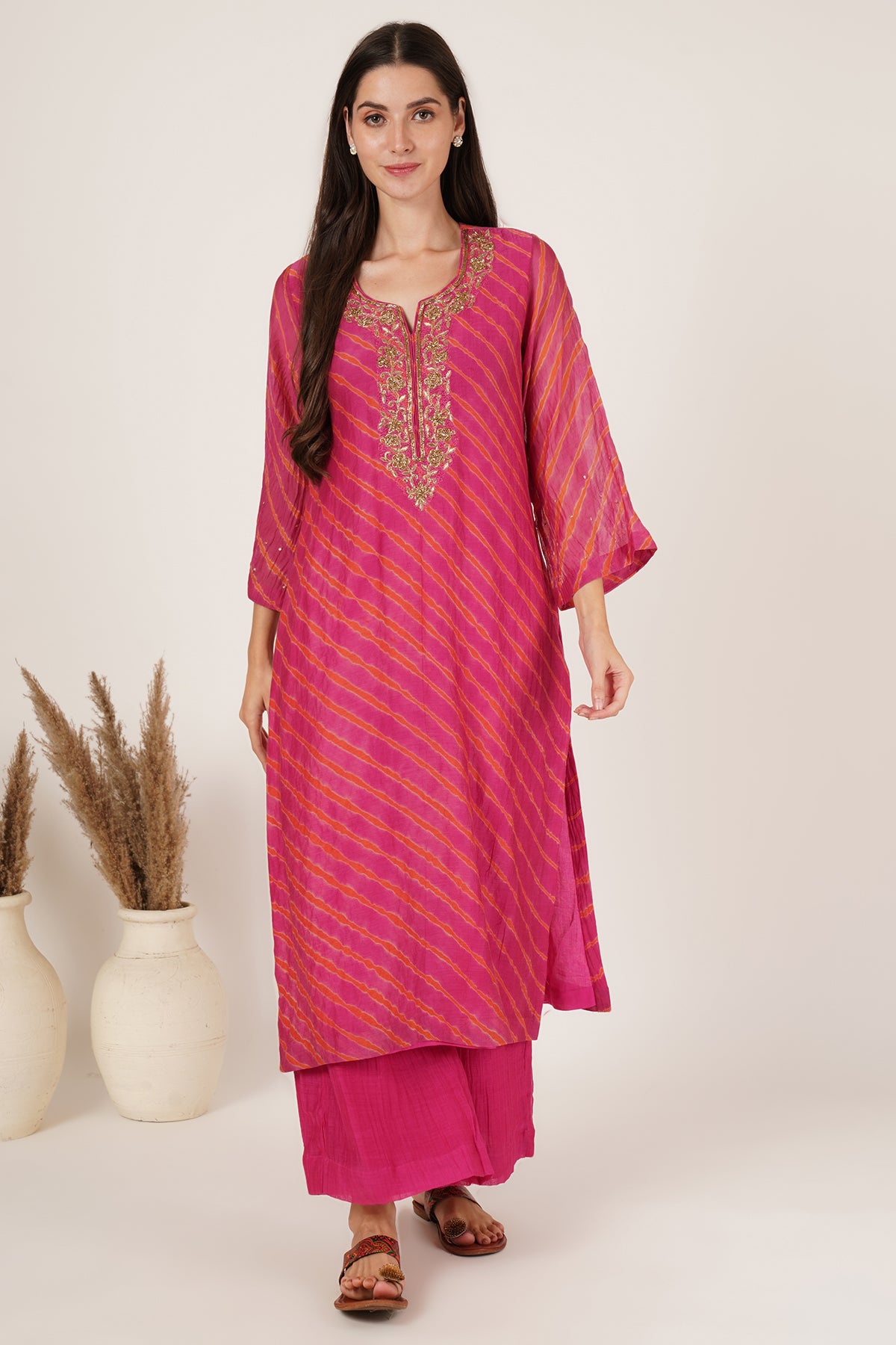 Pink Orange Lehariya Kurta set of 2