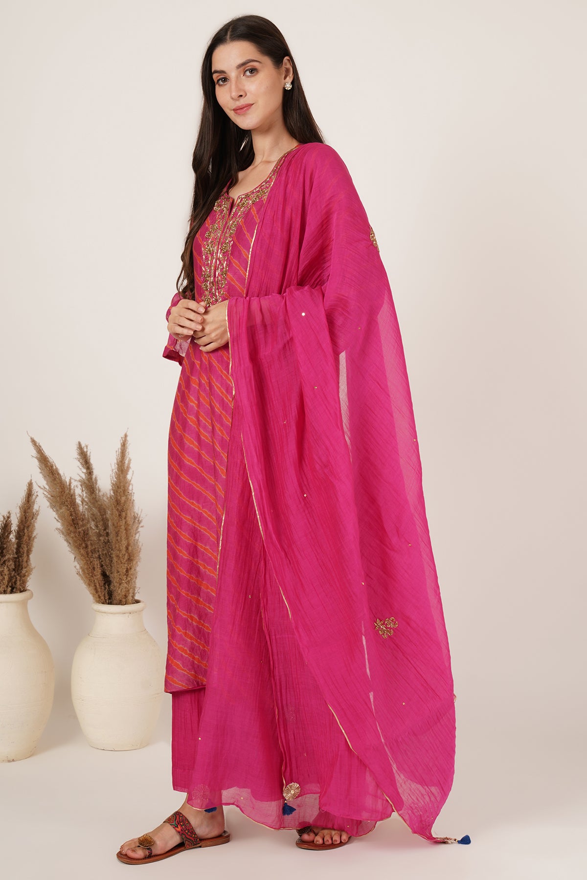 Pink Orange Lehariya Kurta set of 2