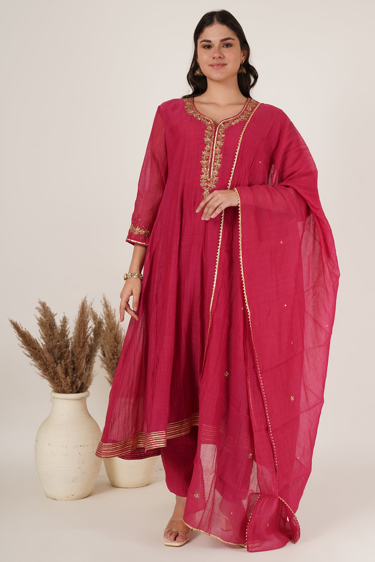 Red chanderi anarkali kurta set of 3