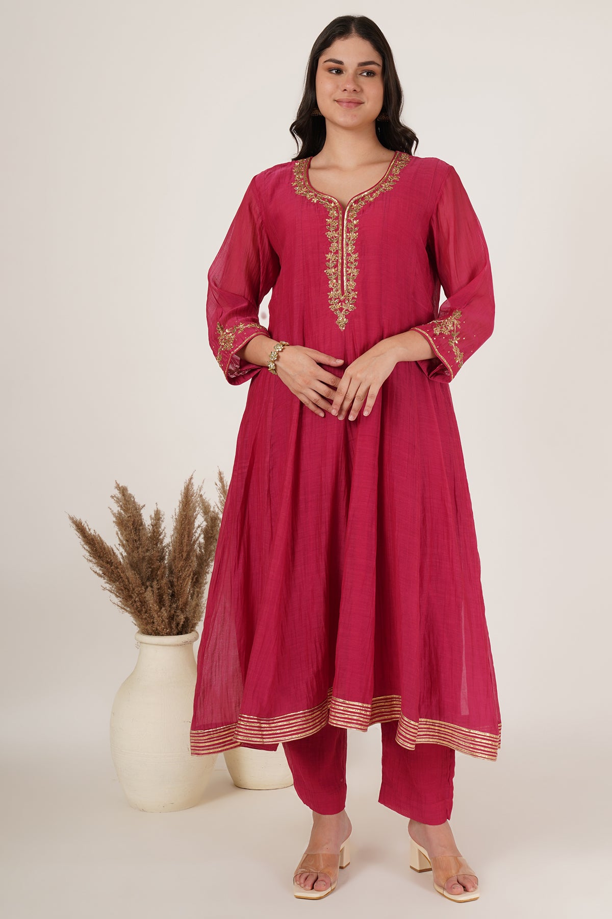 Red chanderi anarkali kurta set of 3
