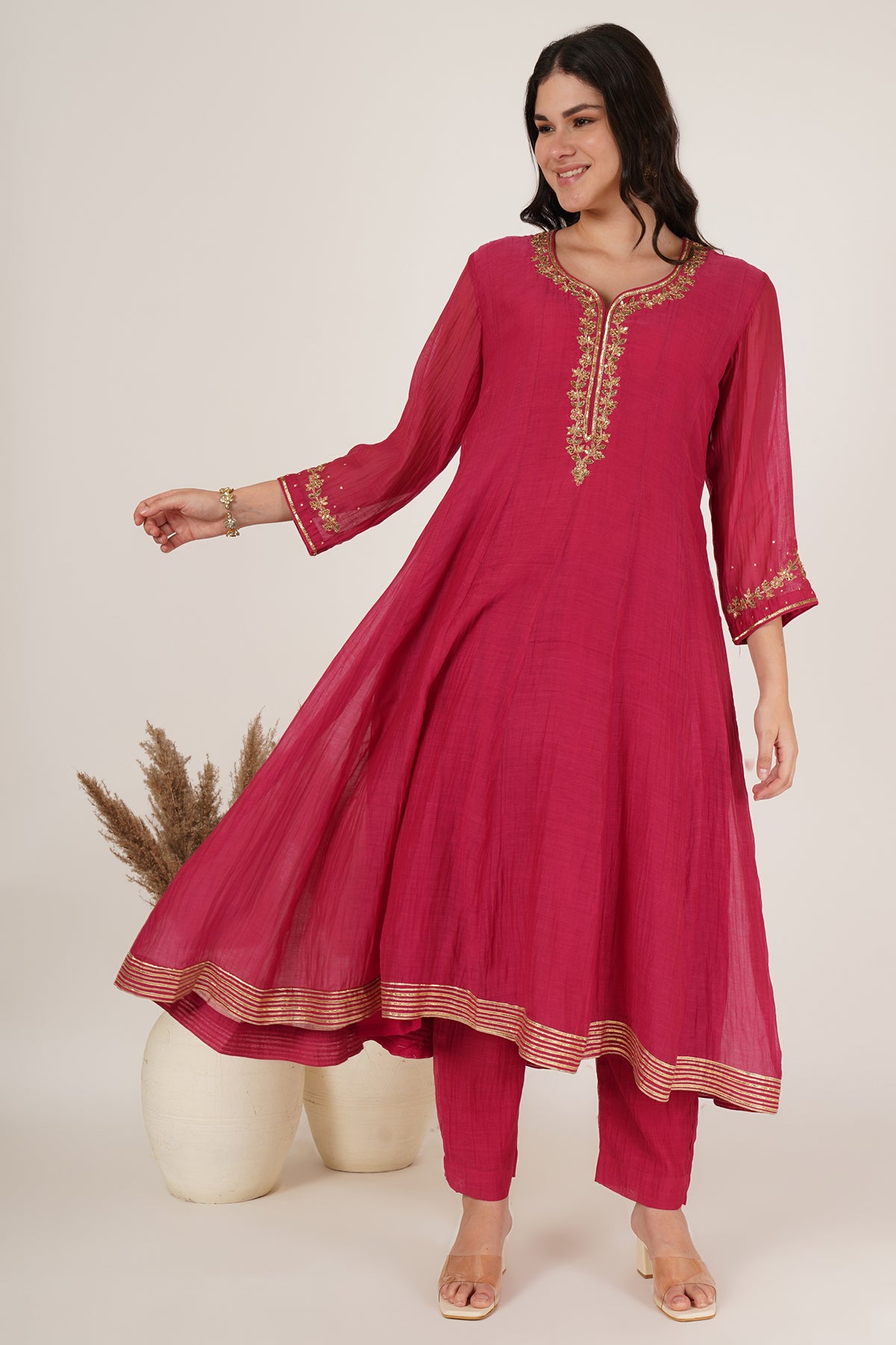 Red chanderi anarkali kurta set of 3