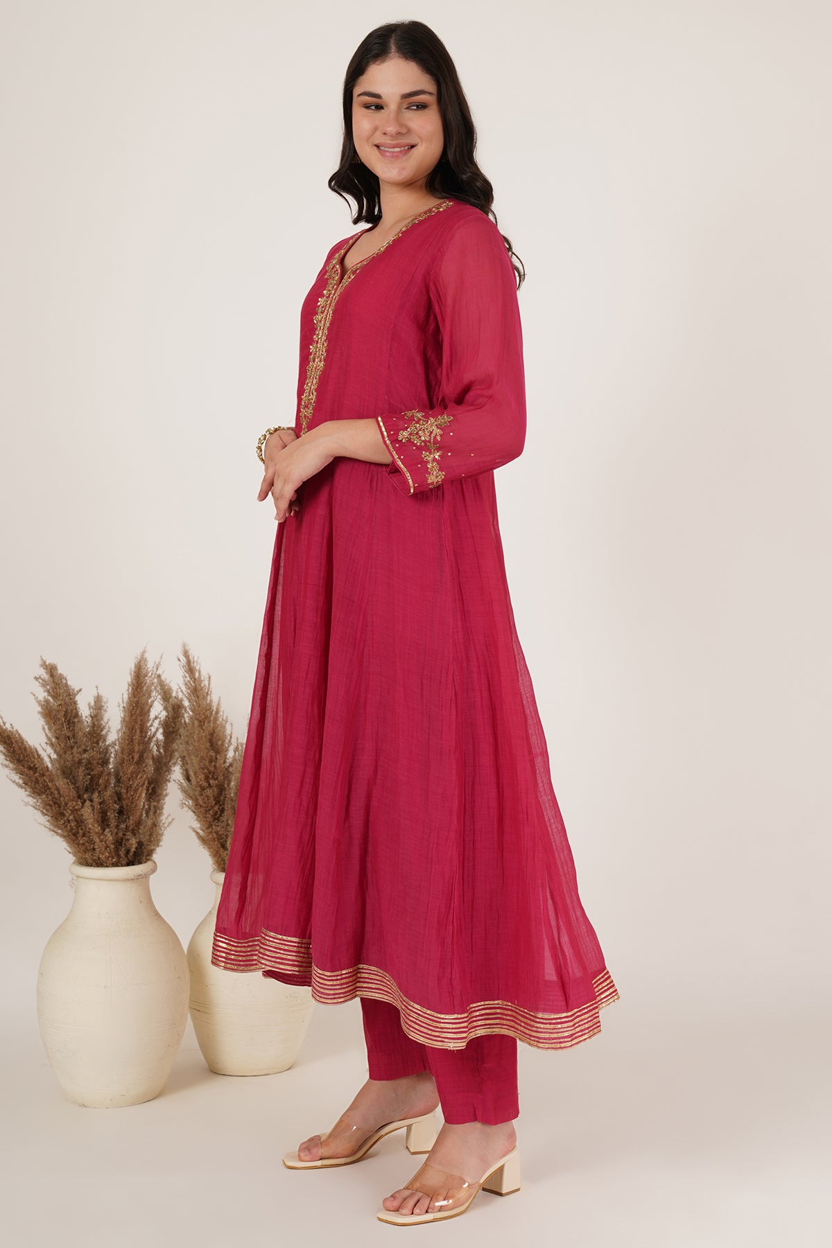 Red chanderi anarkali kurta set of 3