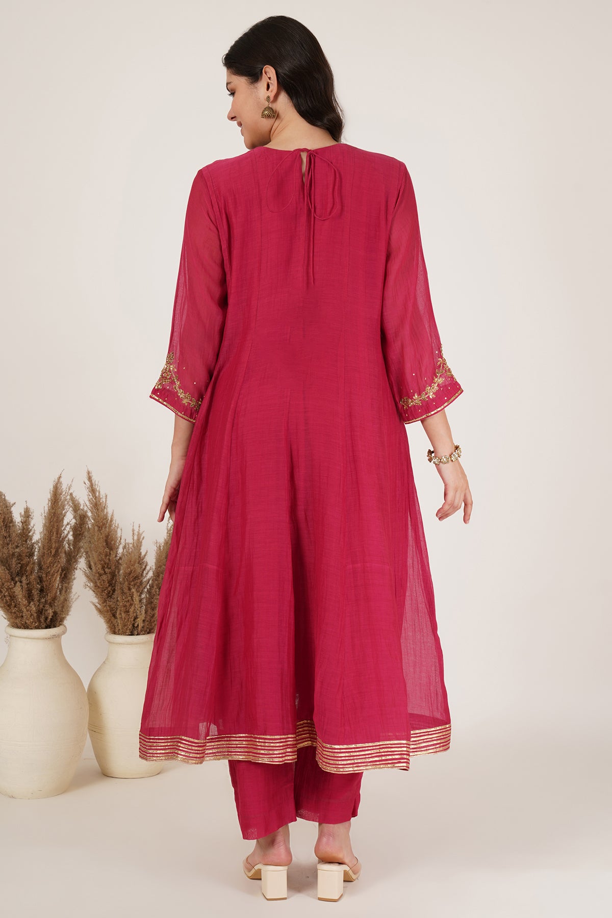 Red chanderi anarkali kurta set of 3