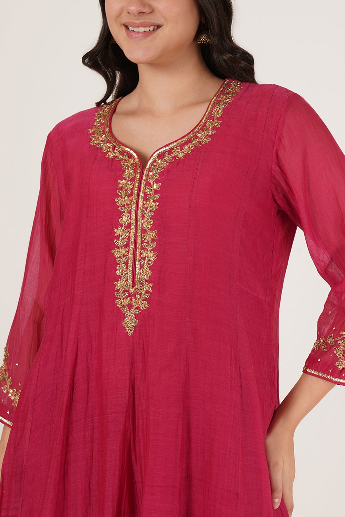 Red chanderi anarkali kurta set of 3