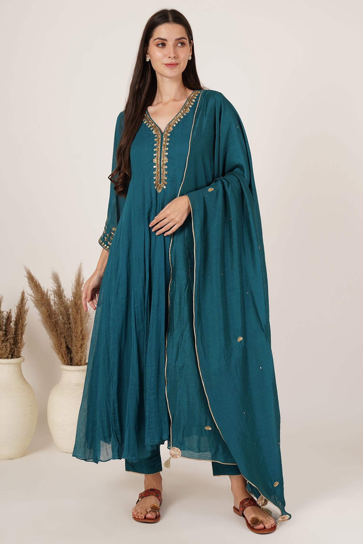 Teal green chanderi anarkali kurta set of 3