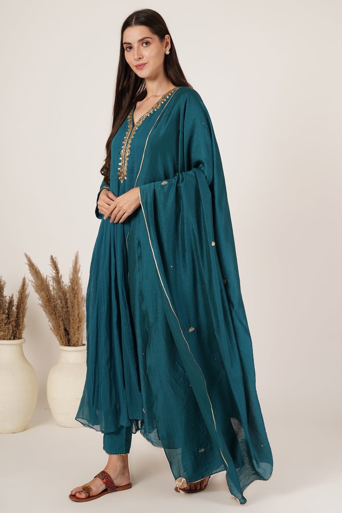 Teal green chanderi anarkali kurta set of 3