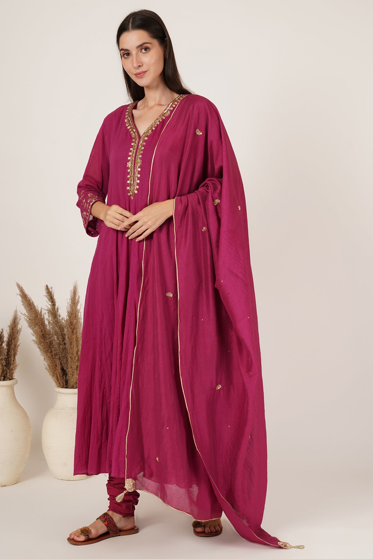 Pink chanderi anarkali kurta set of 3