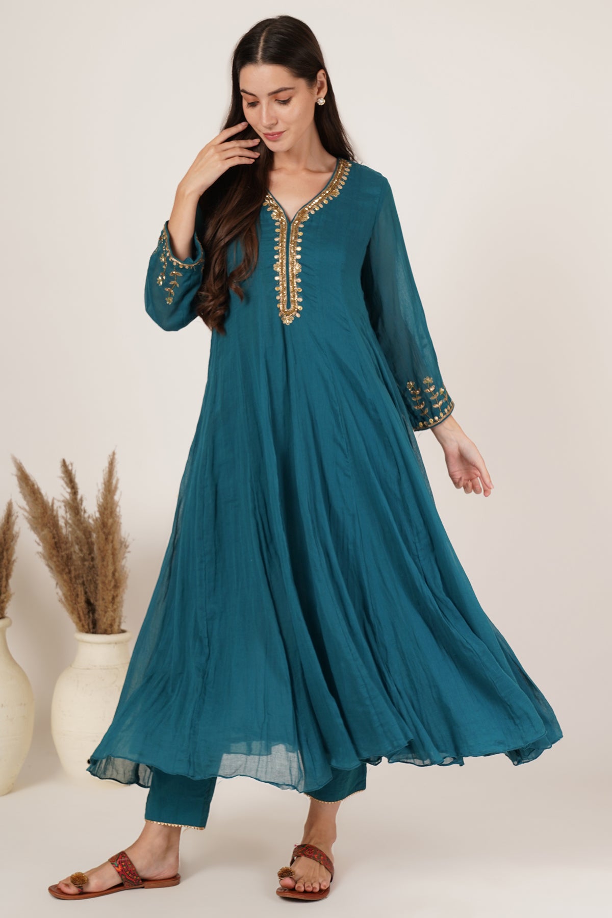 Teal green chanderi anarkali kurta set of 3