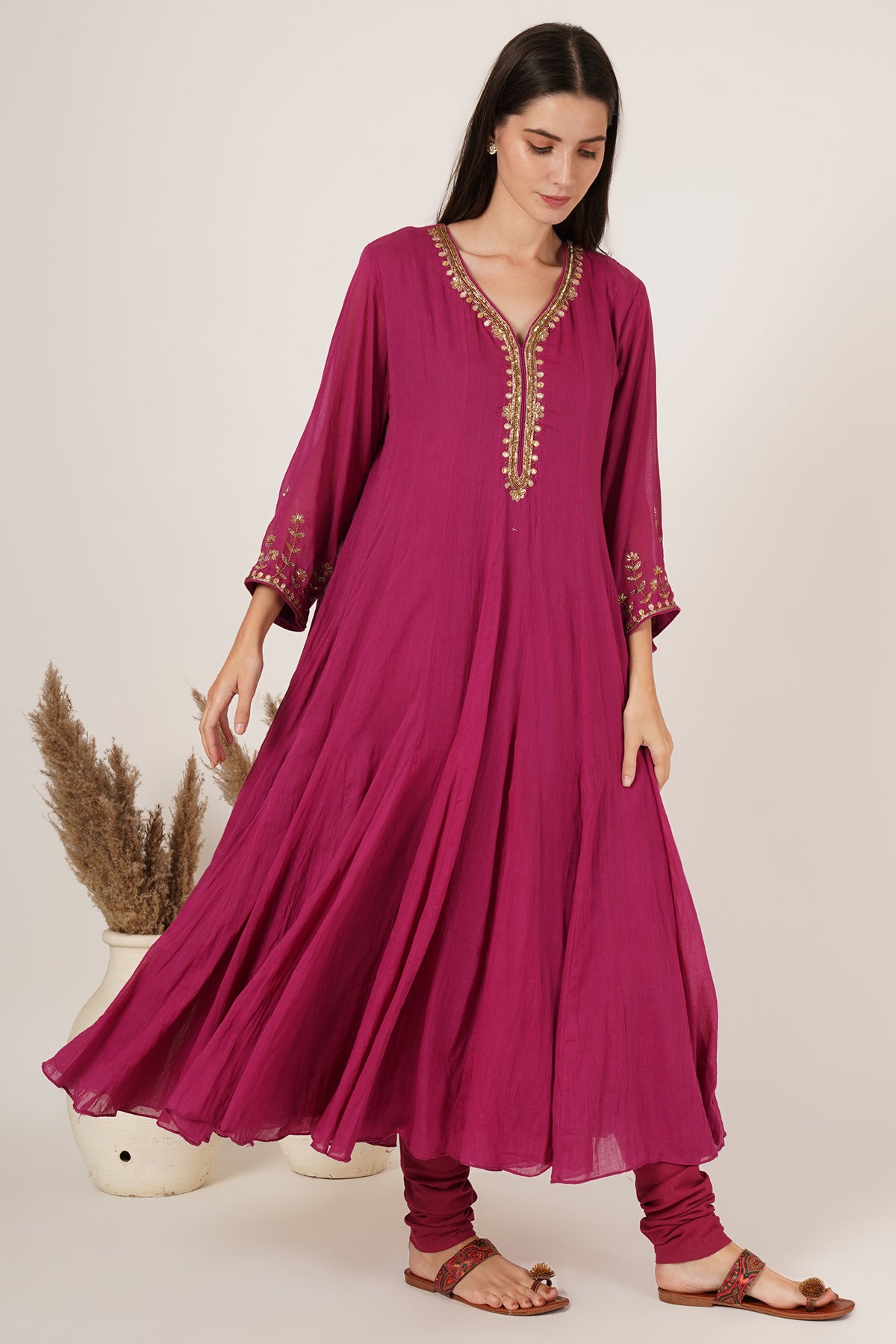 Pink chanderi anarkali kurta set of 3