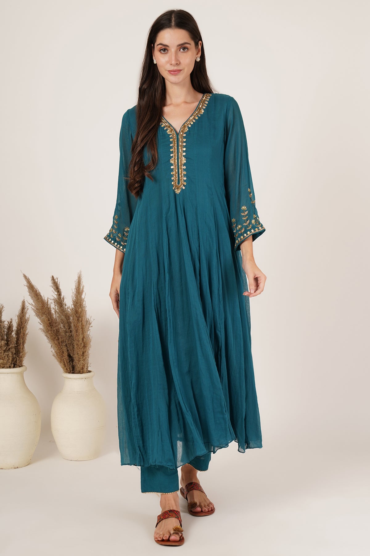 Teal green chanderi anarkali kurta set of 3