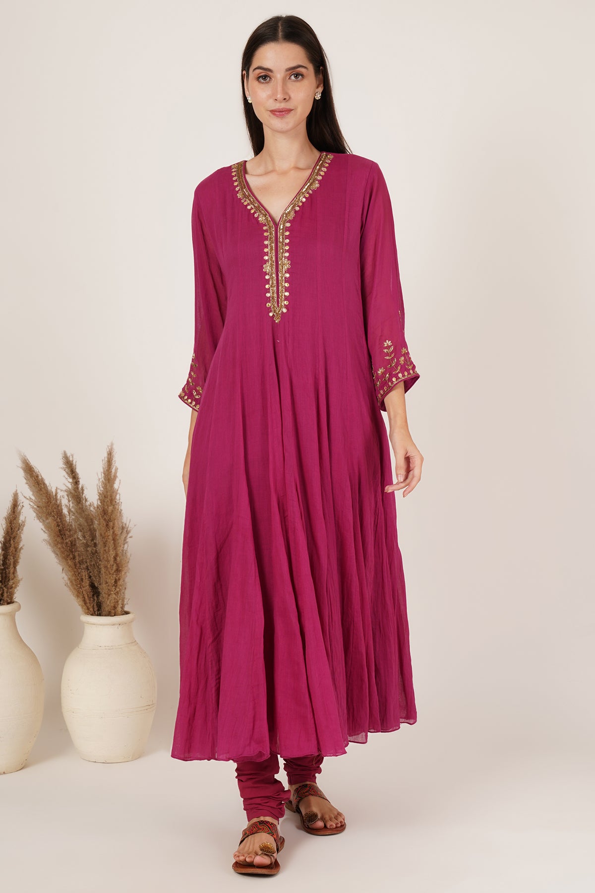 Pink chanderi anarkali kurta set of 3