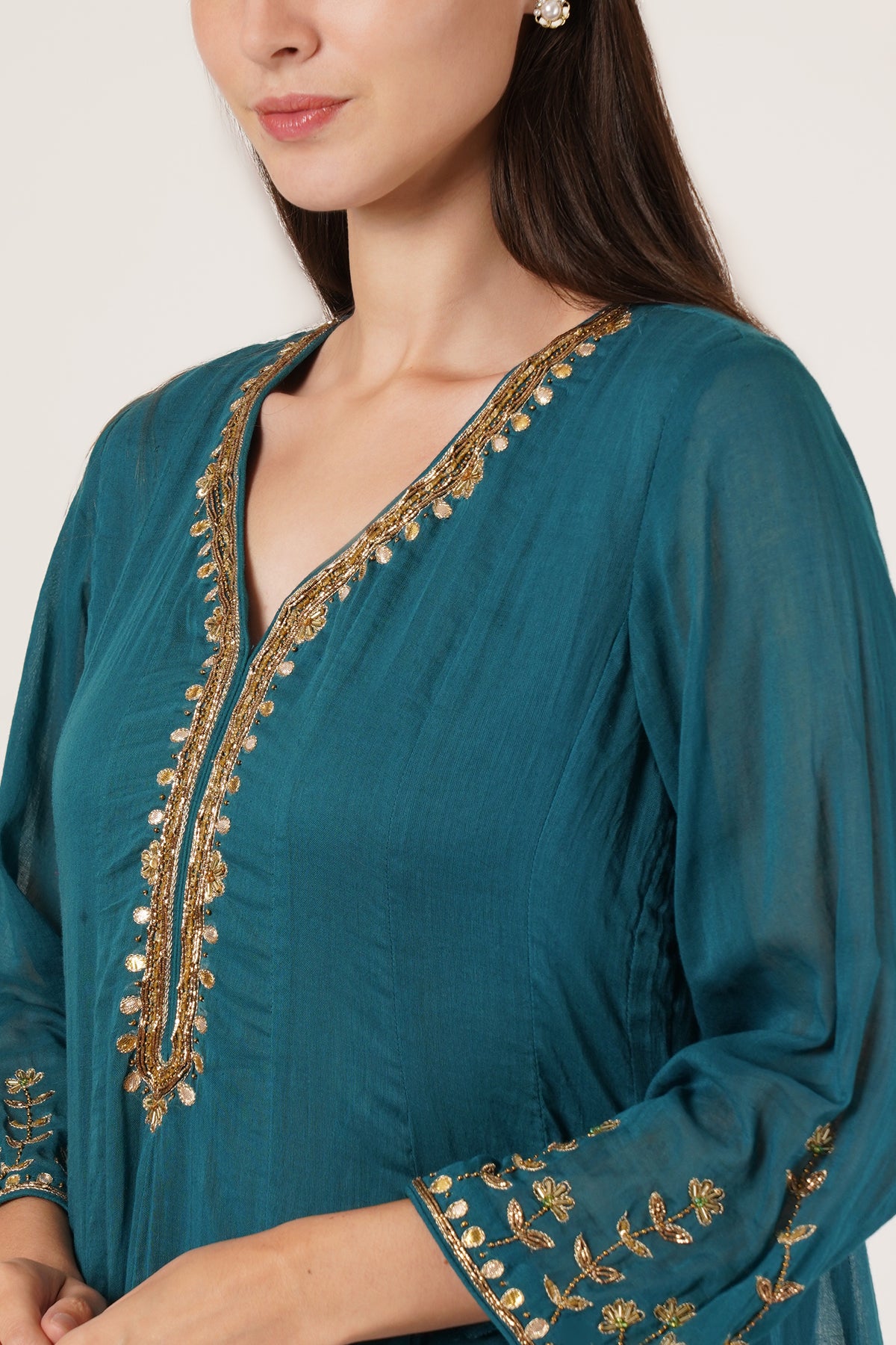 Teal green chanderi anarkali kurta set of 3