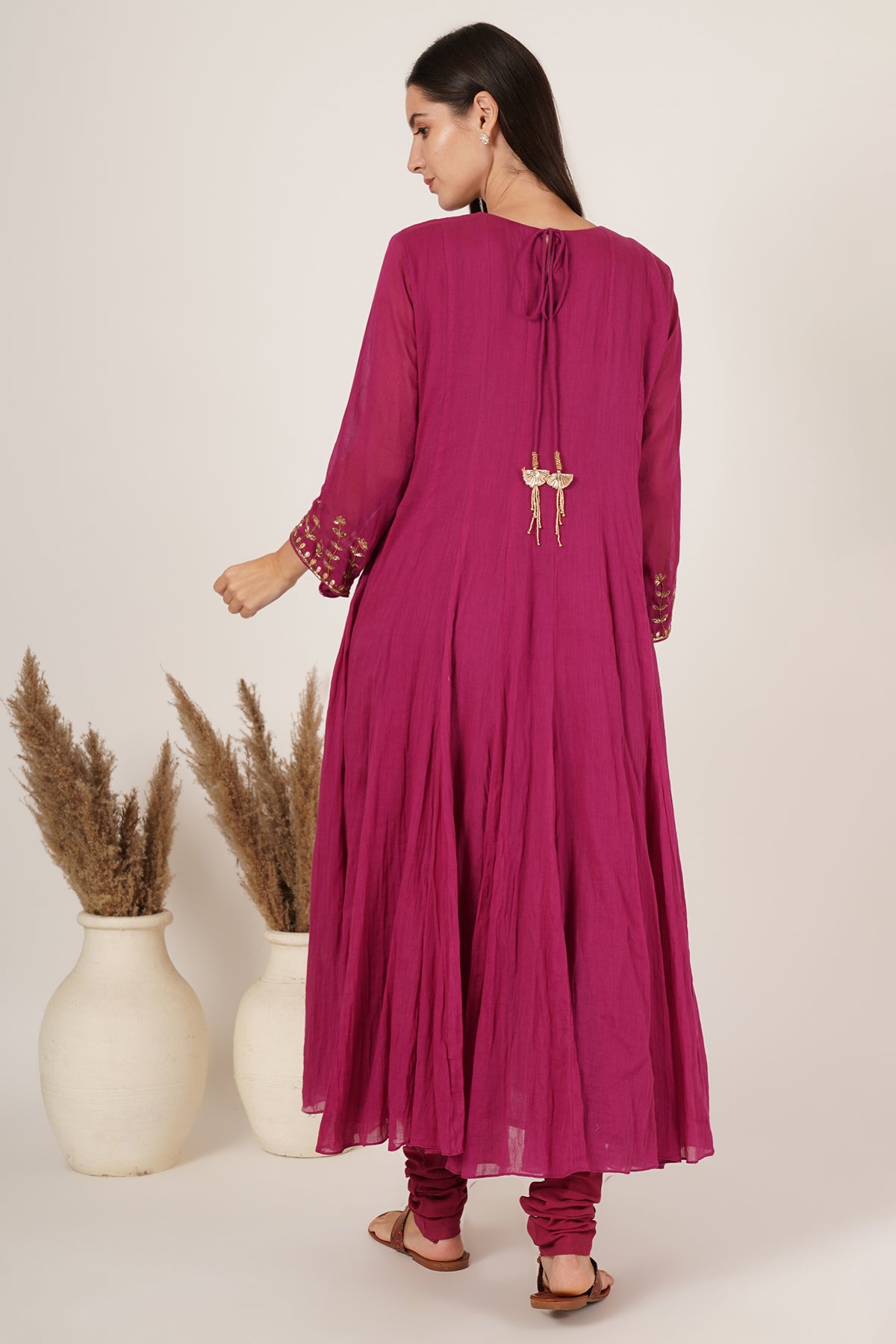 Pink chanderi anarkali kurta set of 3