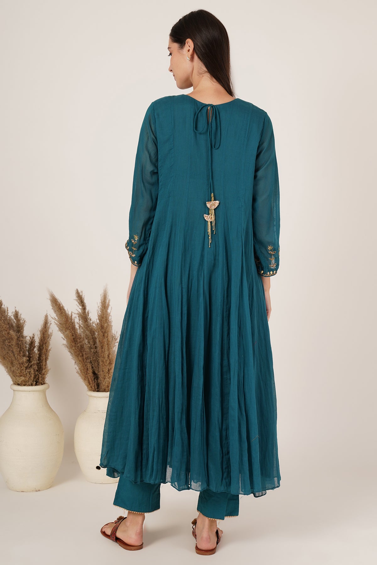 Teal green chanderi anarkali kurta set of 3