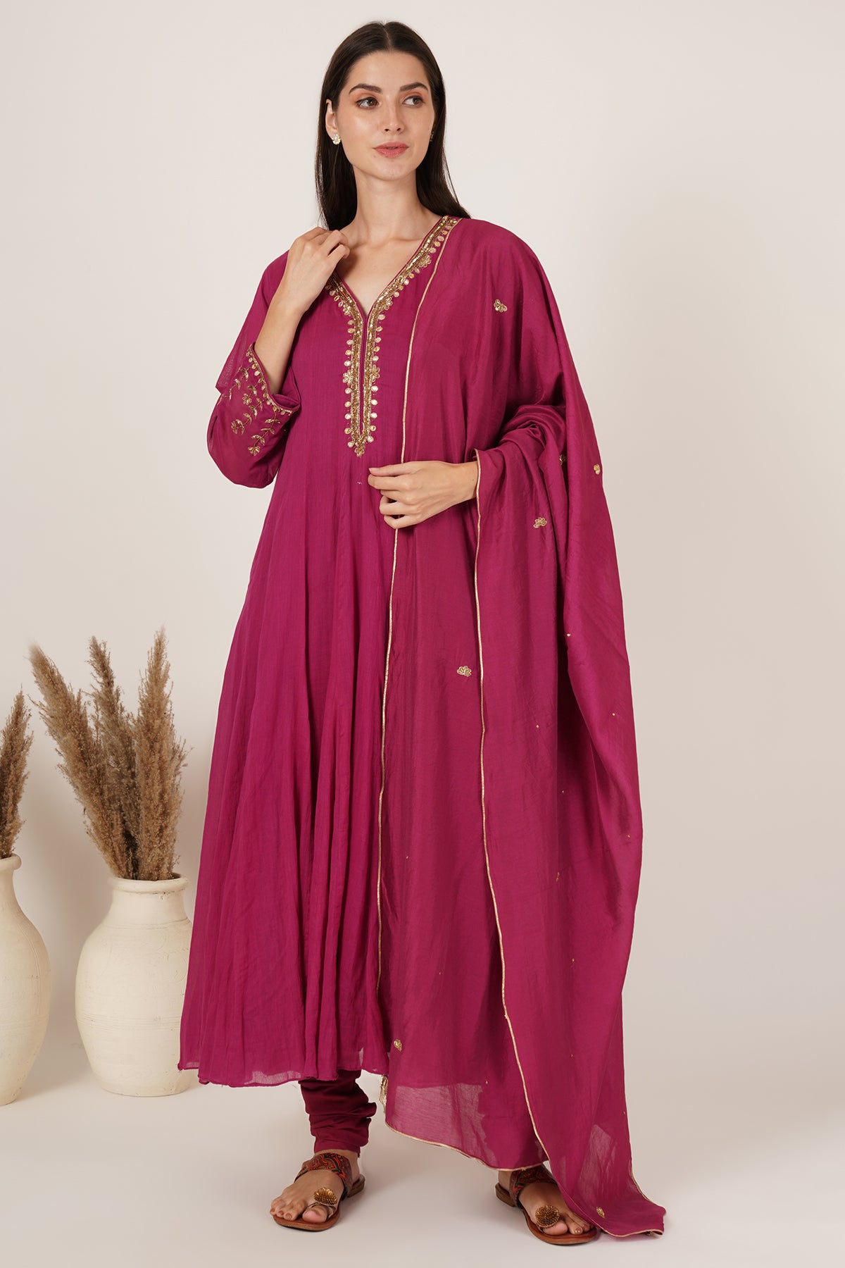 Pink chanderi anarkali kurta set of 3