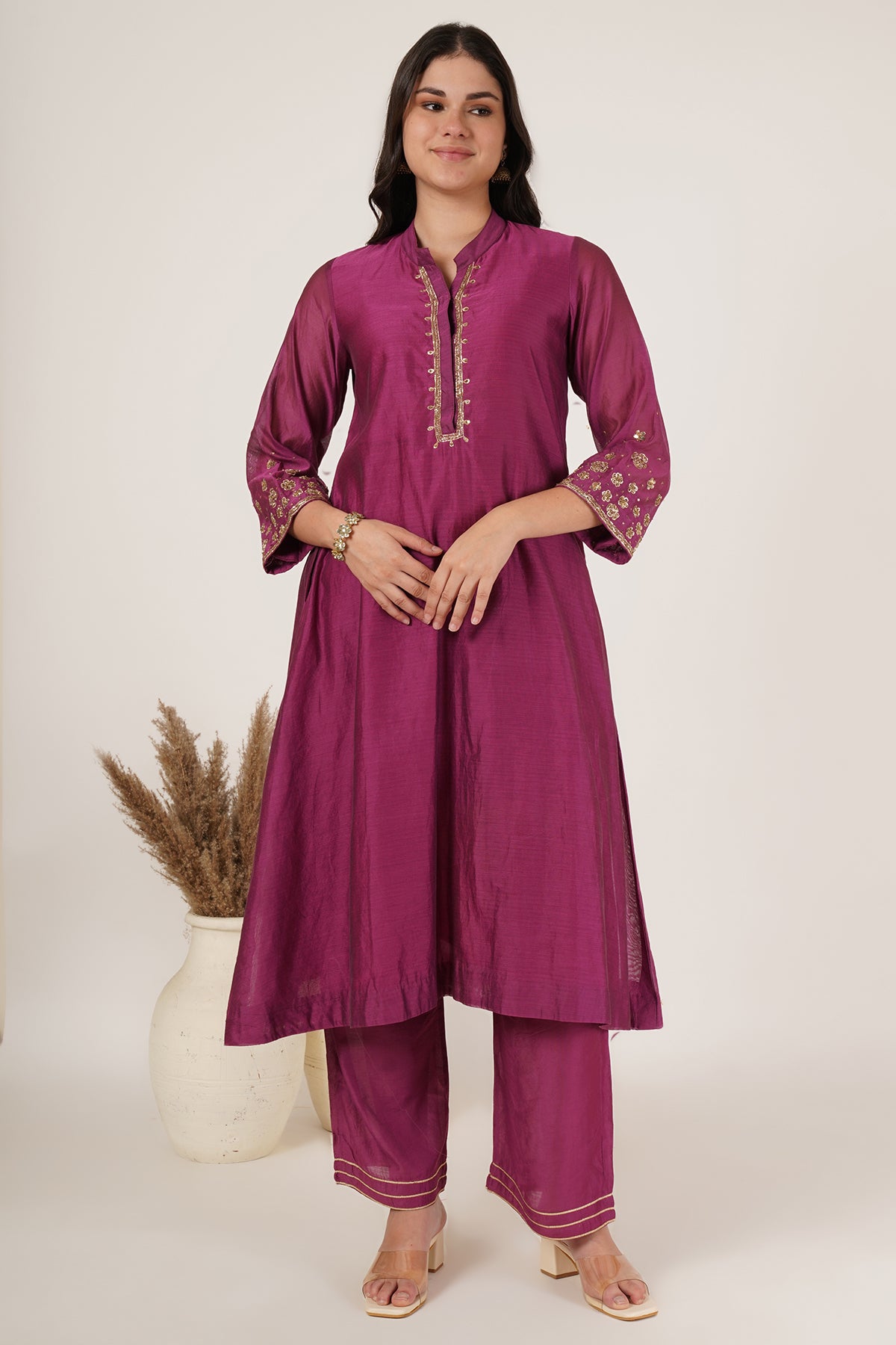 Purple chanderi kurta set of 3