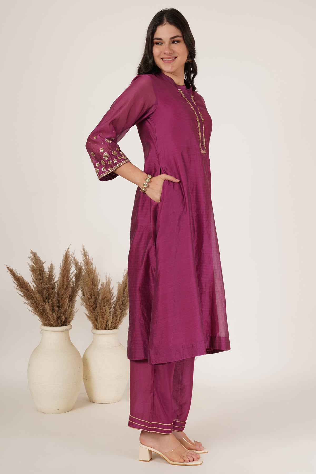 Purple chanderi kurta set of 3