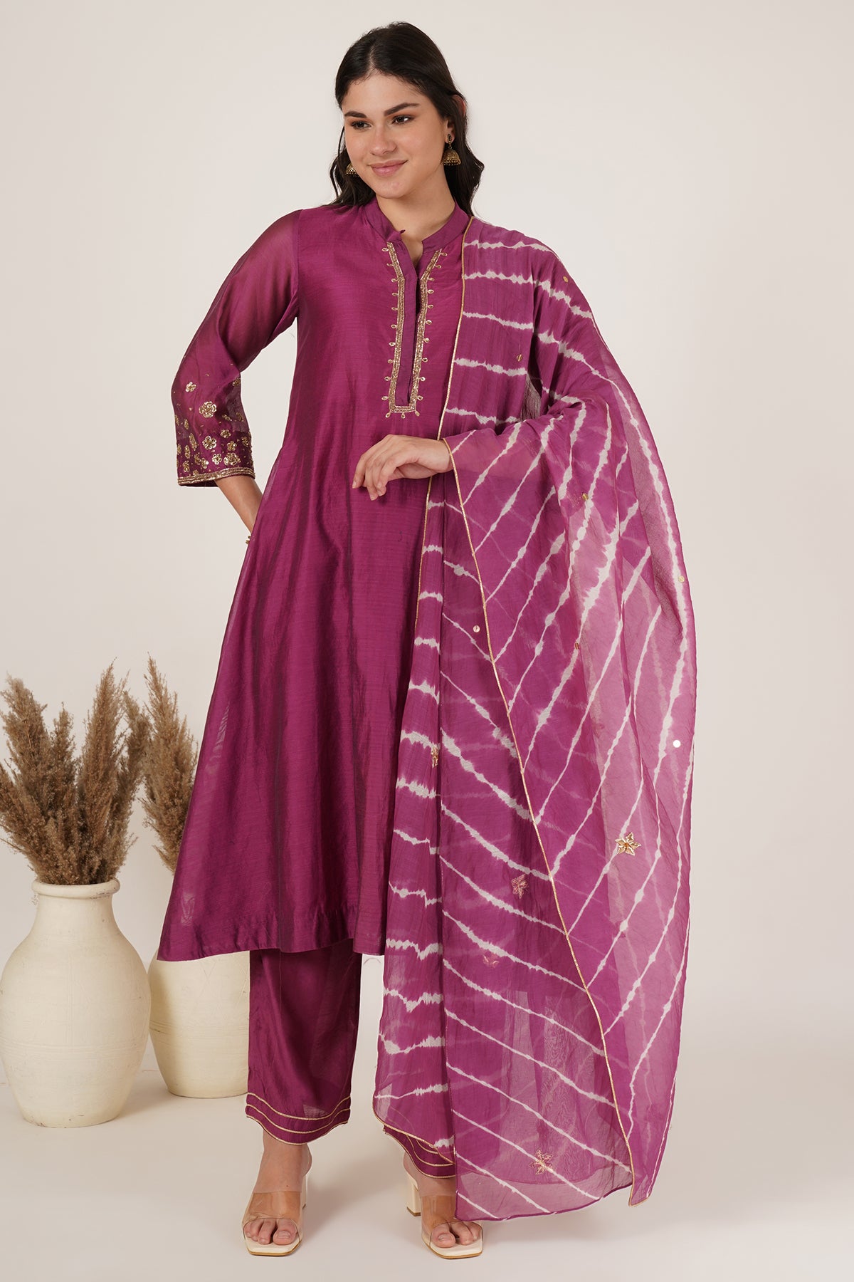 Purple chanderi kurta set of 3