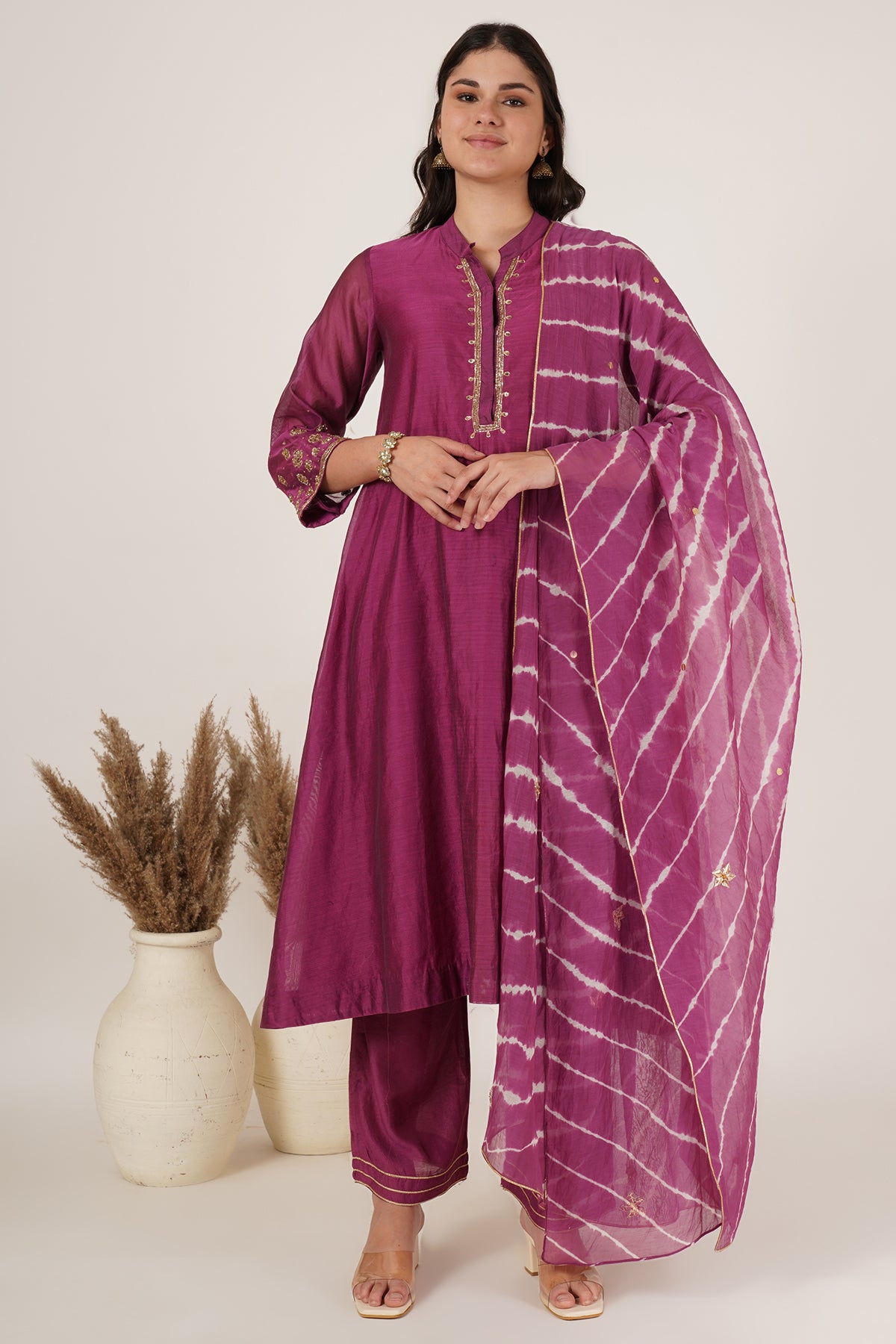 Purple chanderi kurta set of 3
