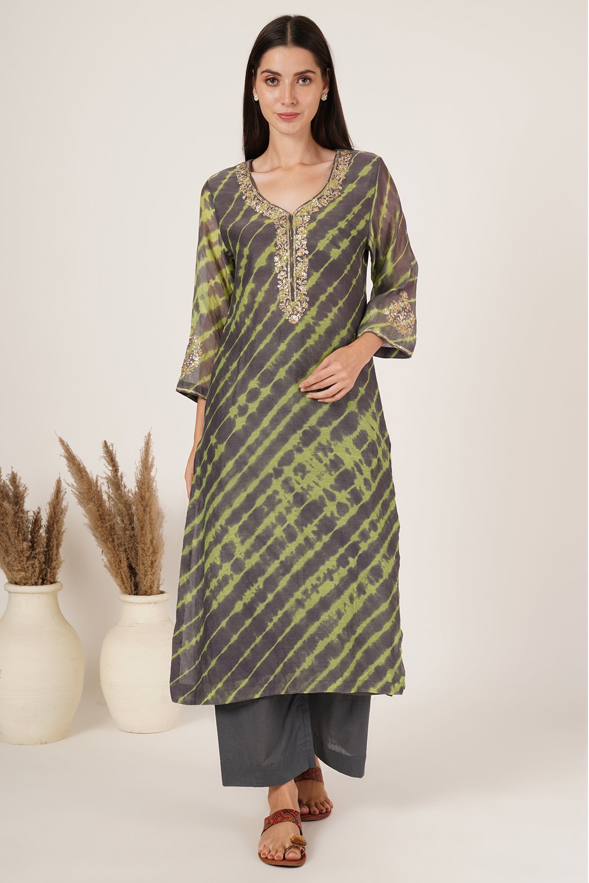 Grey and Lime Green lehariya kurta set of 3