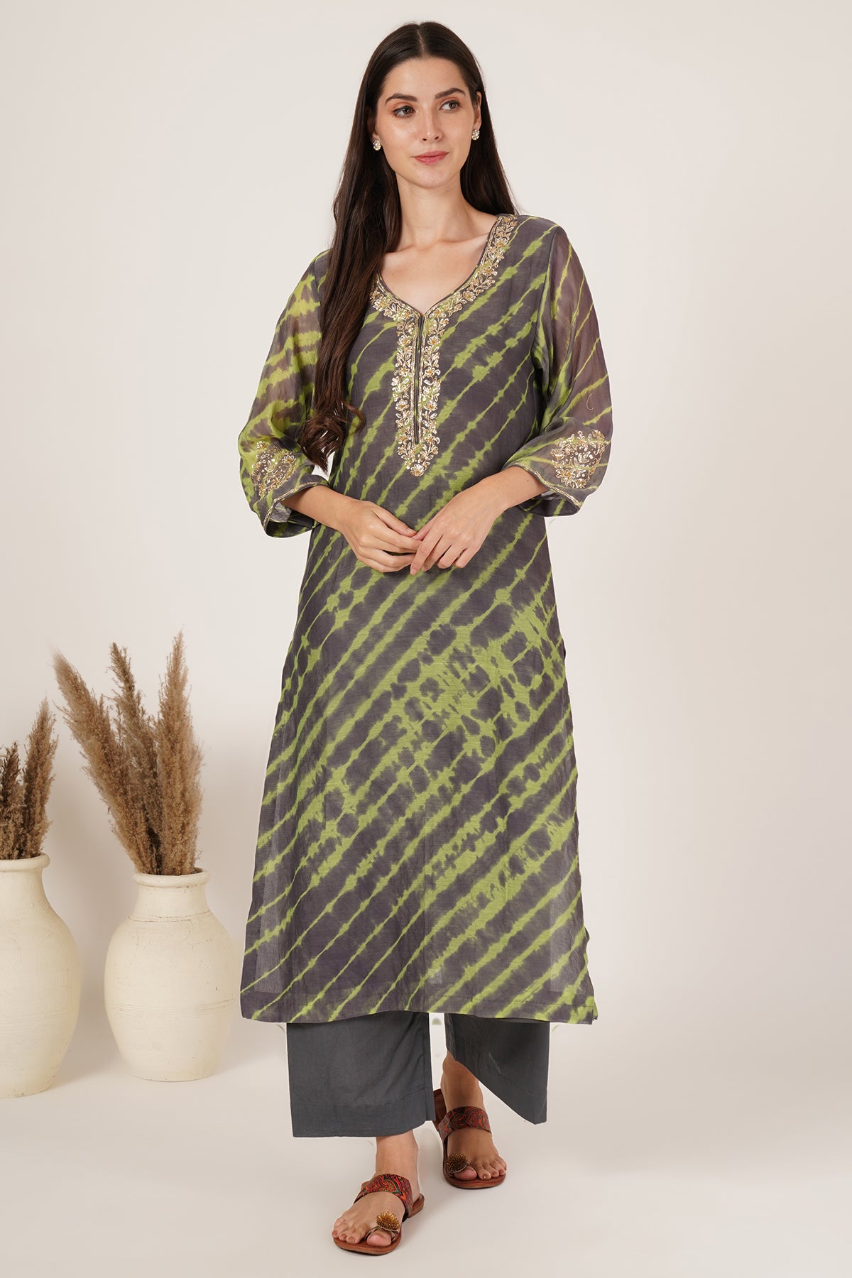 Grey and Lime Green lehariya kurta set of 3