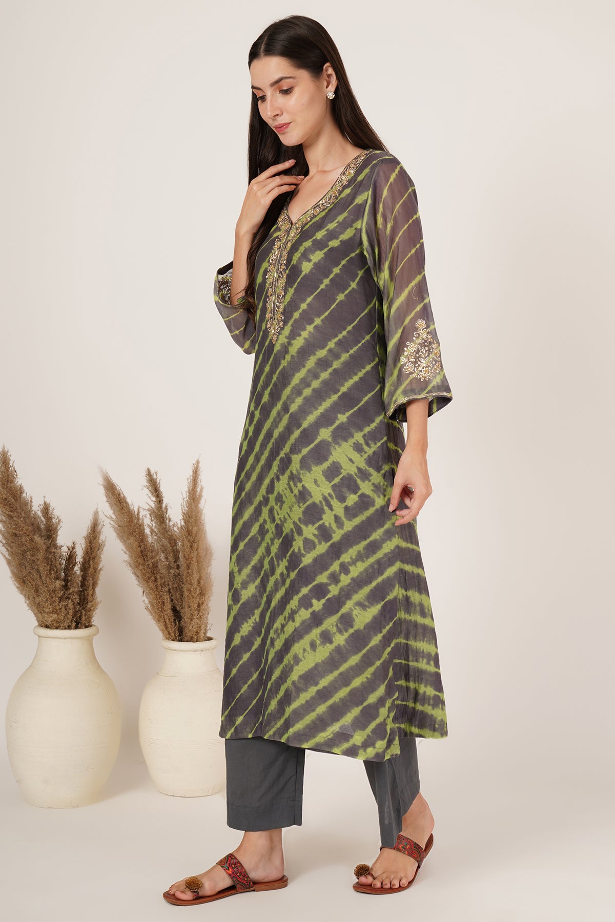Grey and Lime Green lehariya kurta set of 3
