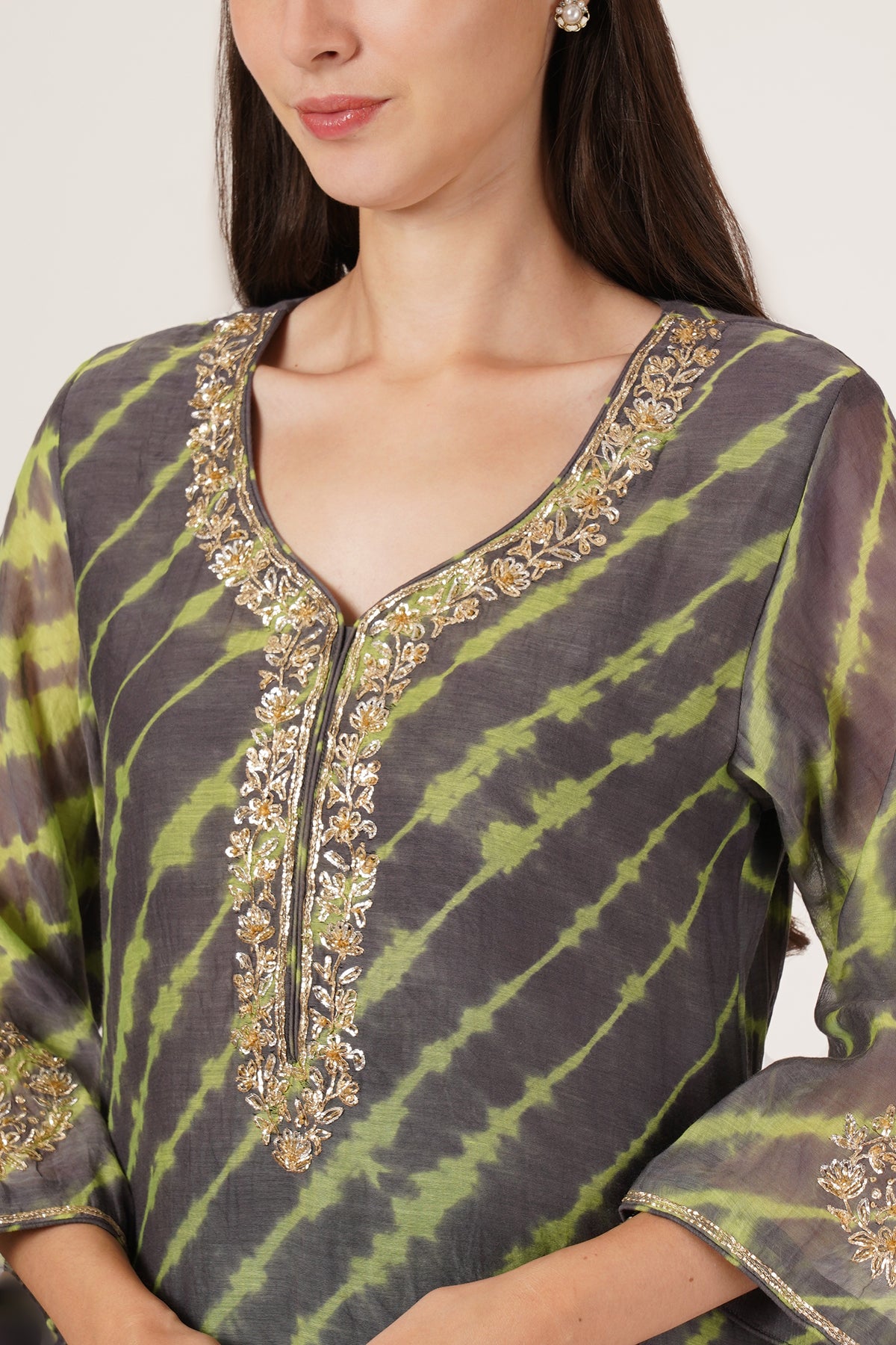 Grey and Lime Green lehariya kurta set of 3