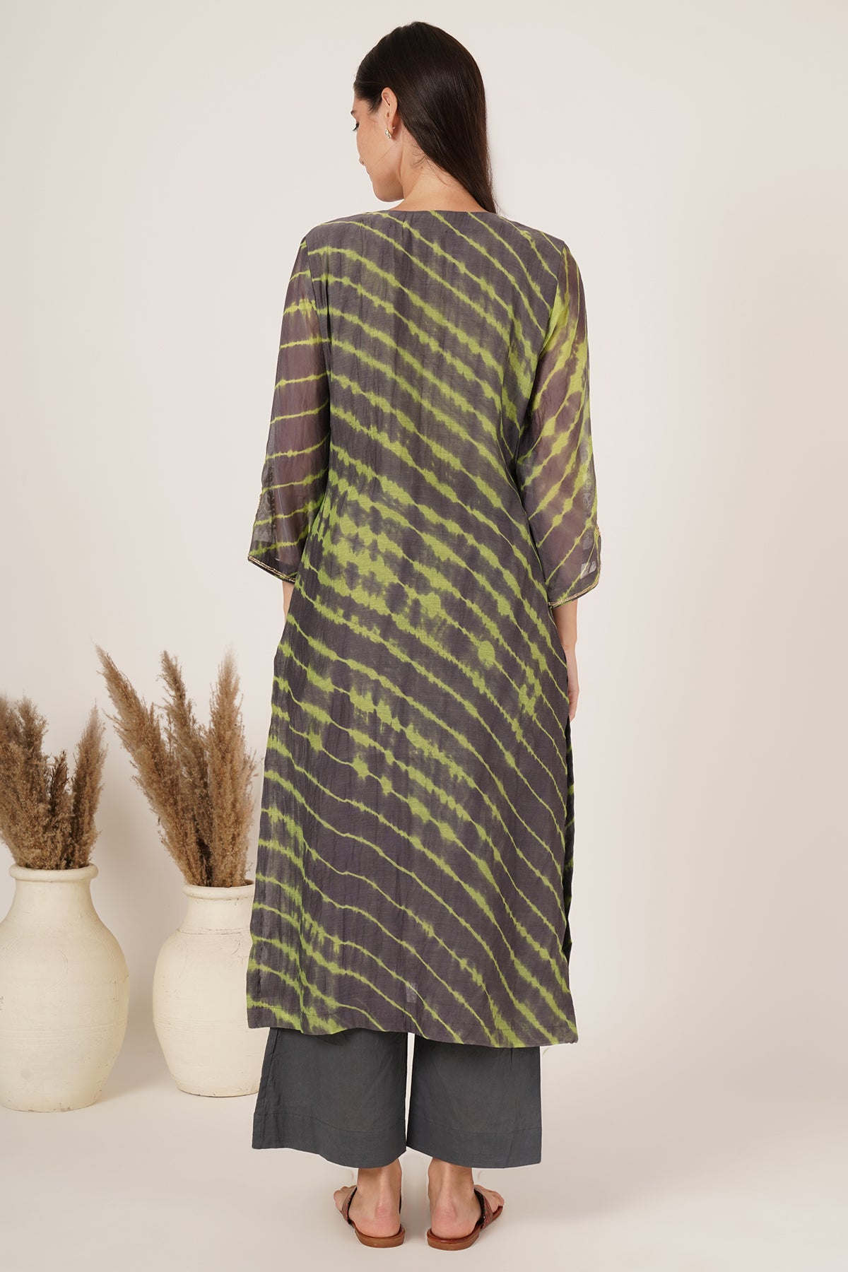 Grey and Lime Green lehariya kurta set of 3