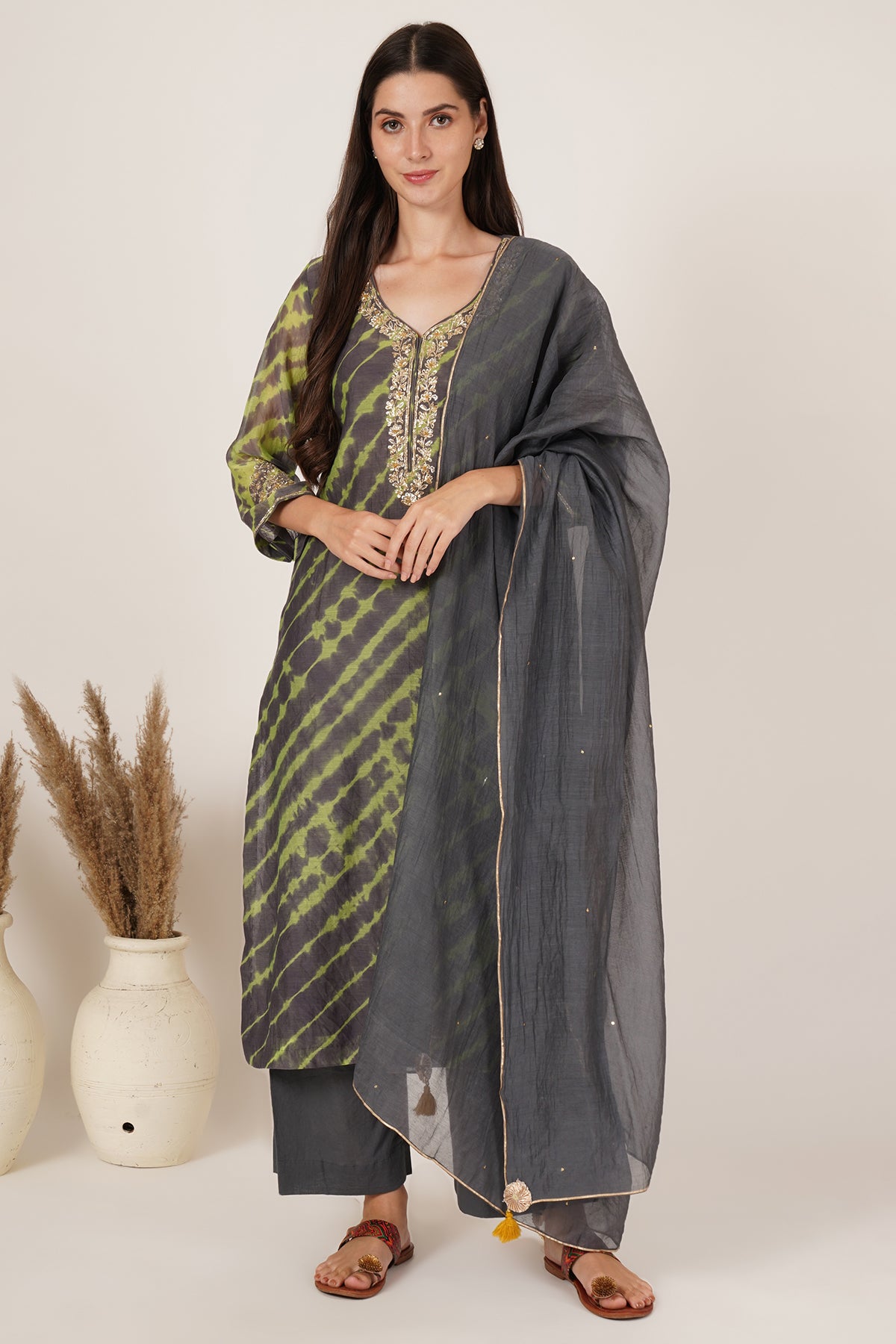 Grey and Lime Green lehariya kurta set of 3