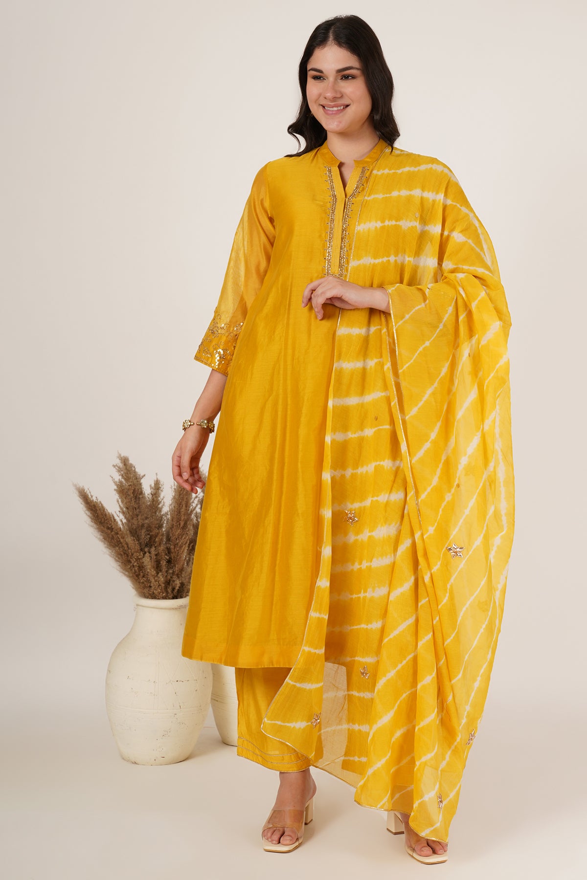 Mustard yellow chanderi kurta set of 3
