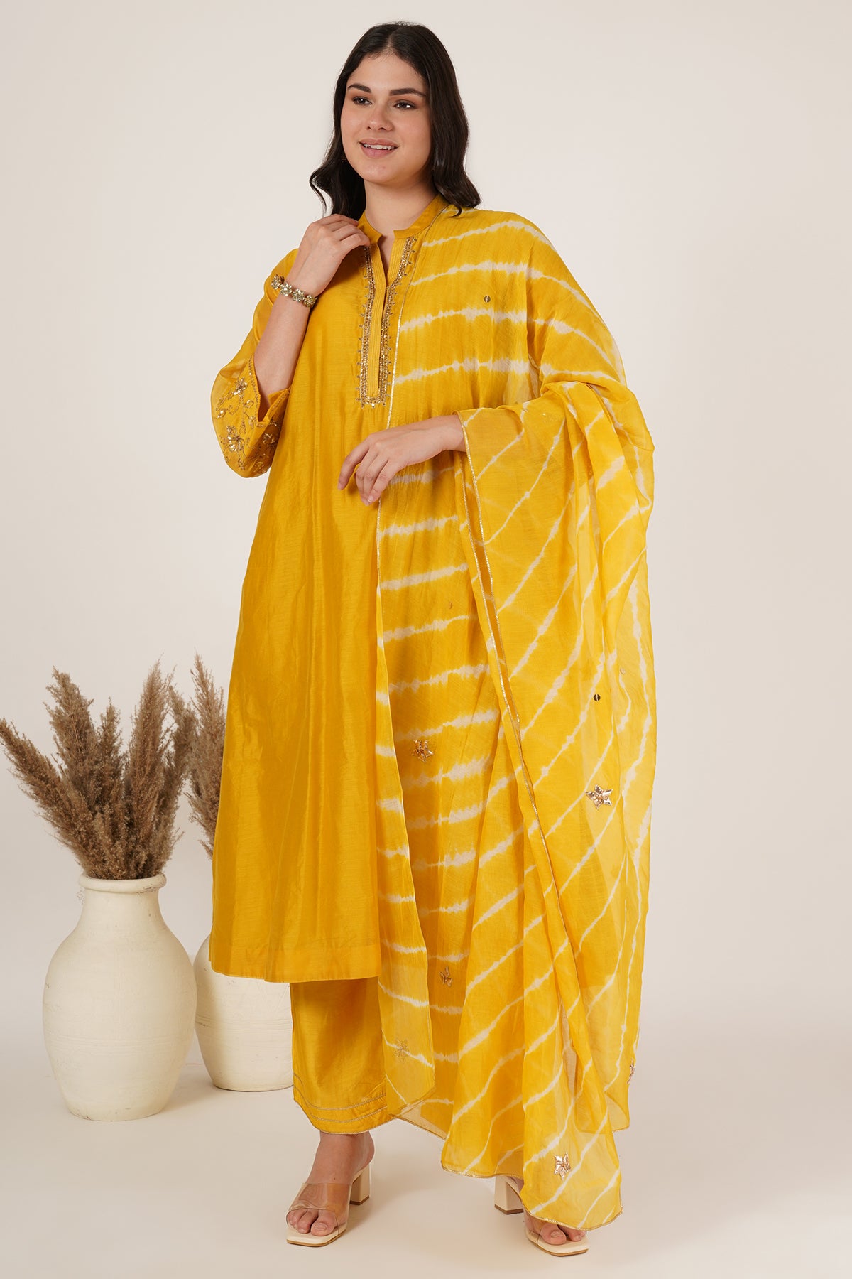 Mustard yellow chanderi kurta set of 3