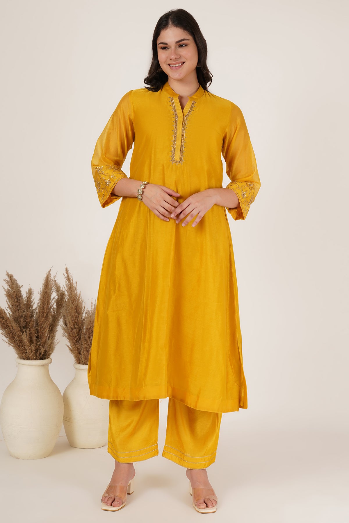 Mustard yellow chanderi kurta set of 3