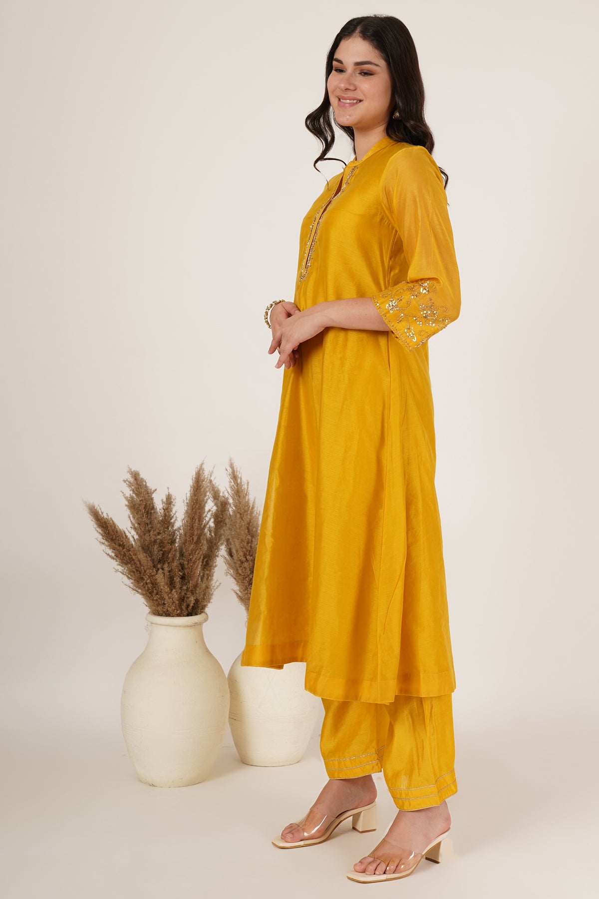 Mustard yellow chanderi kurta set of 3