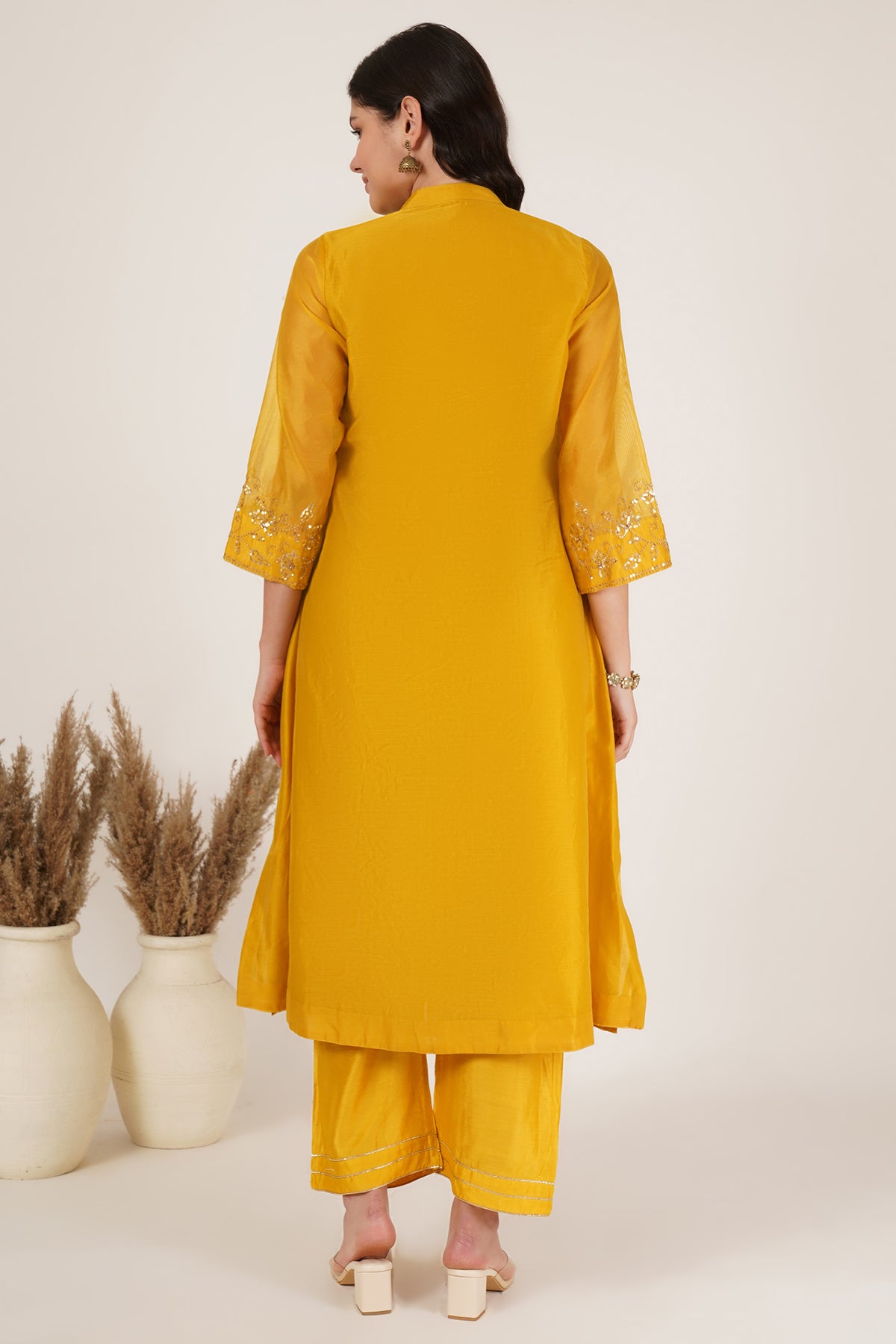 Mustard yellow chanderi kurta set of 3