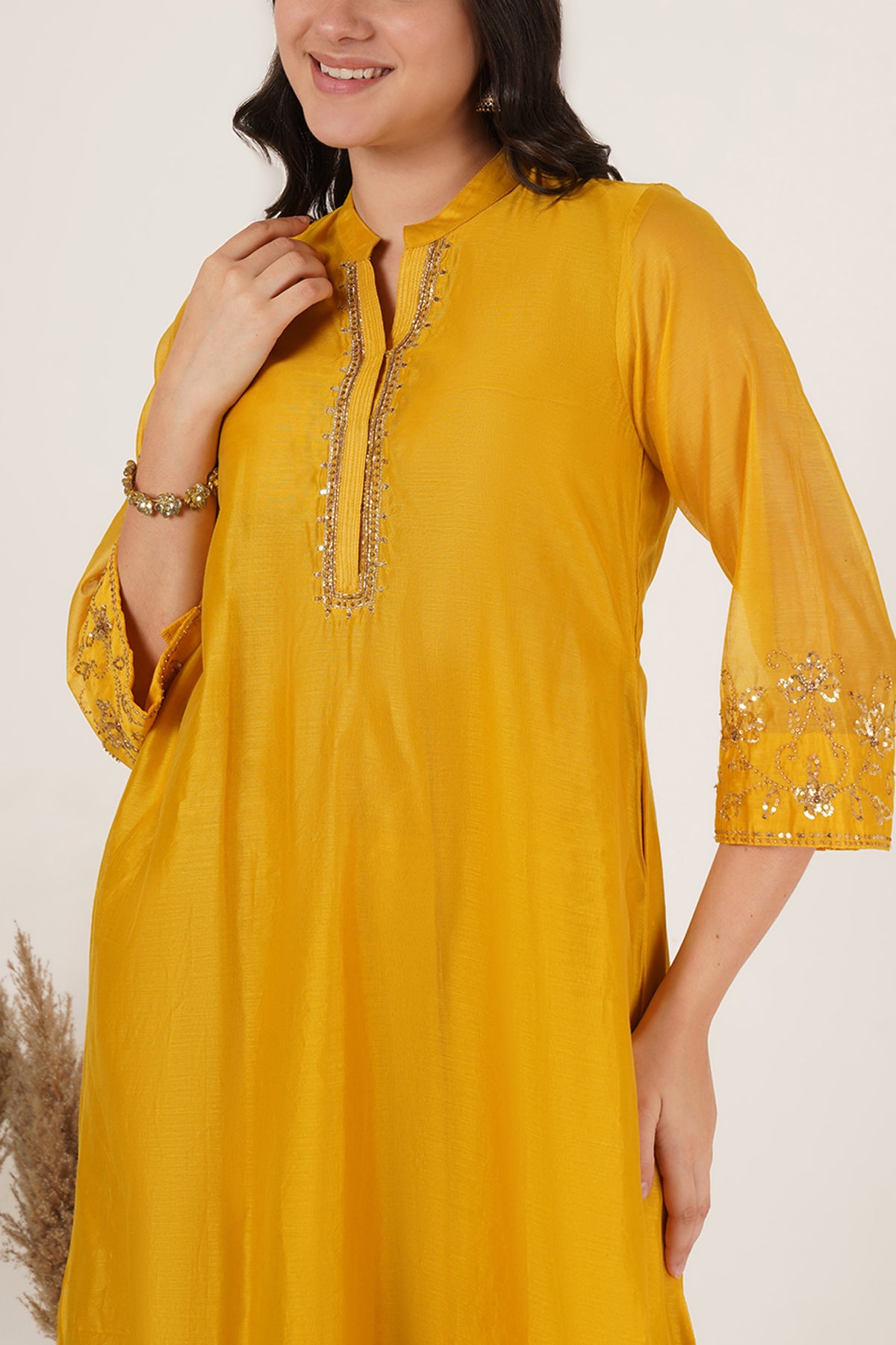Mustard yellow chanderi kurta set of 3