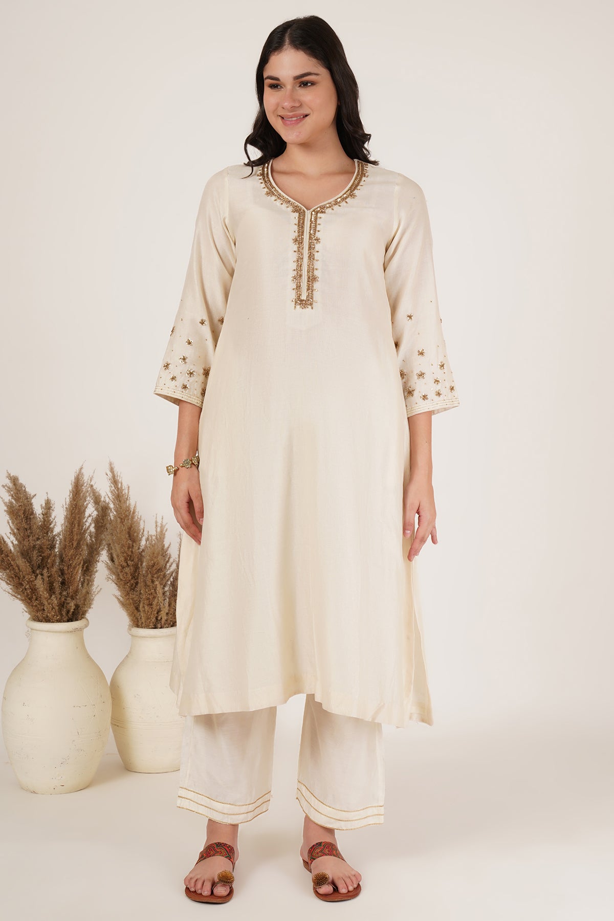 Off white chanderi kurta set of 3