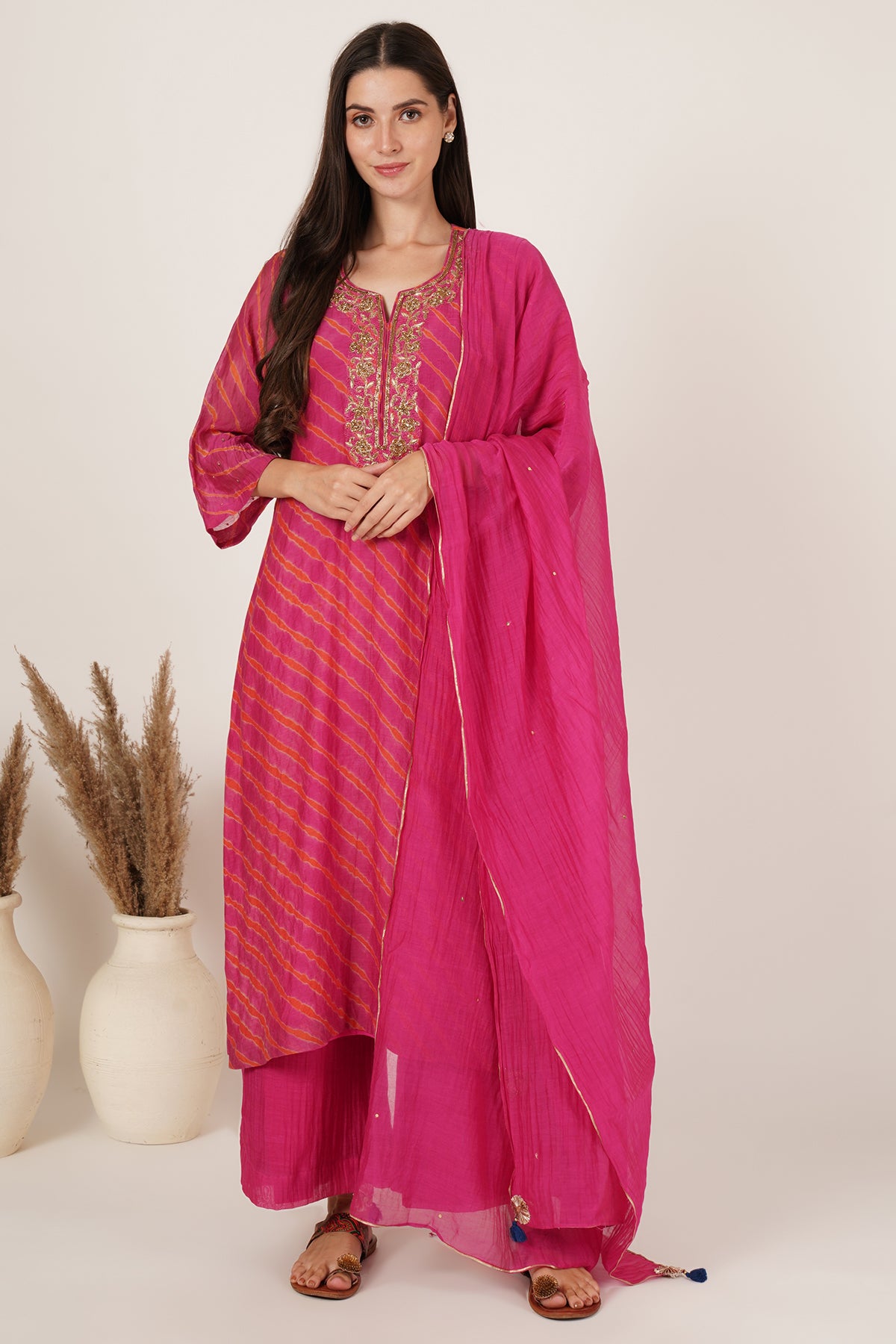 Pink Orange Lehariya chanderi kurta set of 3